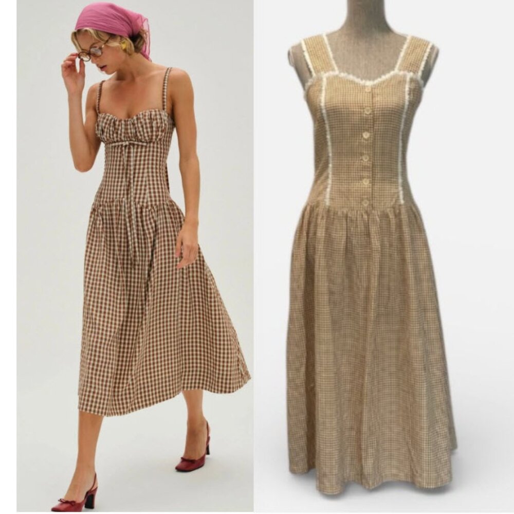 Gingham Maxi Dress in Brown Checkered Pattern